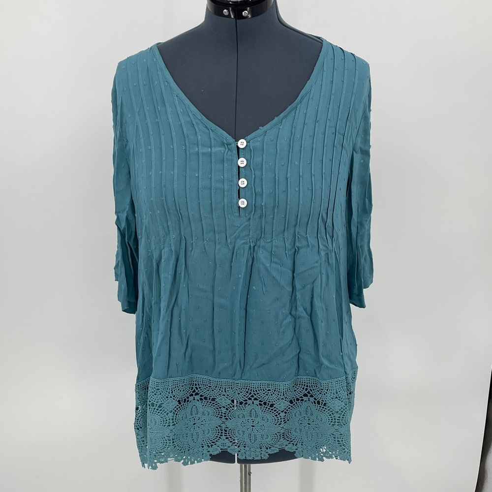 Teal 4 Button-Front Women's Top NO BRAND SIZE XL LACE TRIM PULLOVER